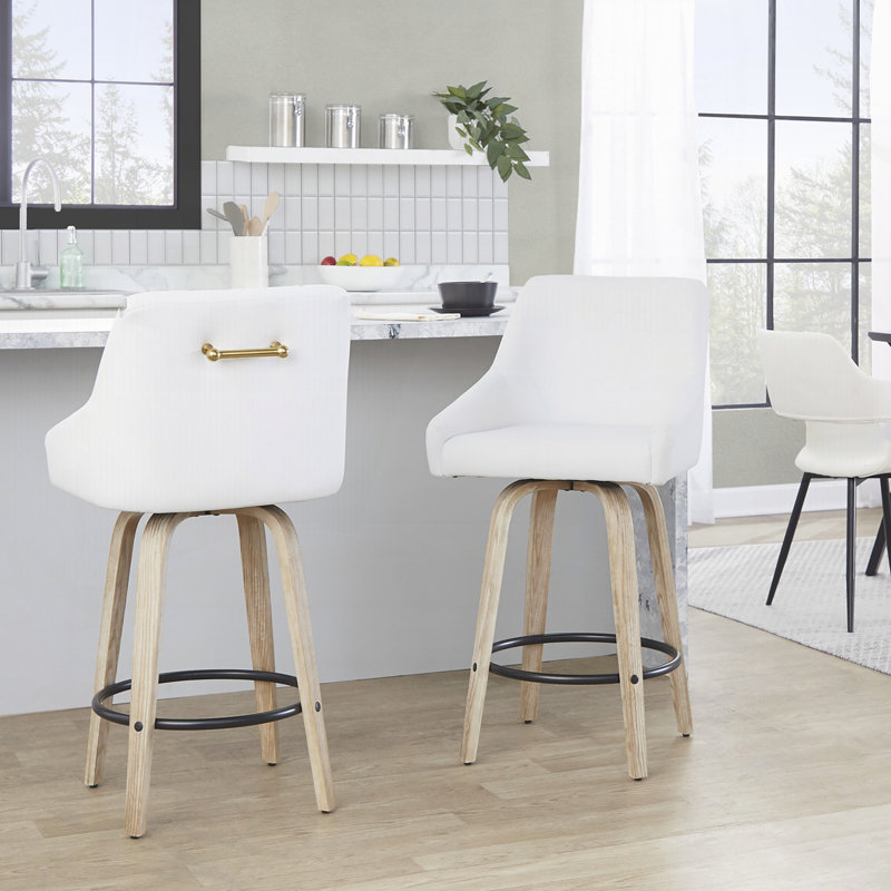 Tabouret de bar pivotant à hauteur fixe en bois blanchi, revêtement en similicuir blanc et repose-pieds arrondi en métal noir, lot de 2