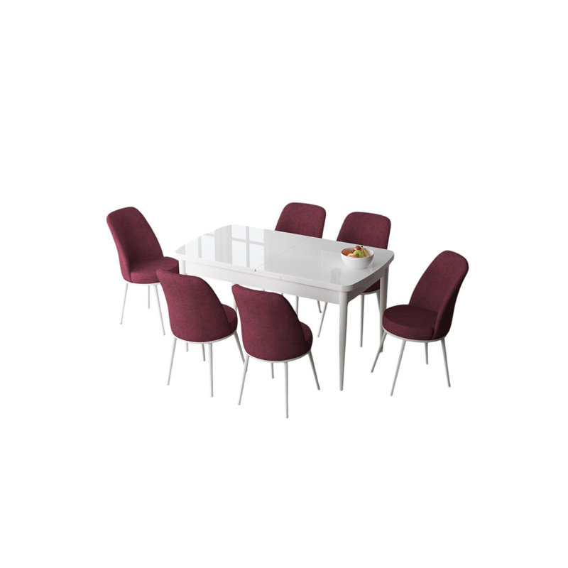 Ensemble de table et chaises de salle à manger moderne extensible (7 pièces), blanc et bourgogne | Table: 51,2 po x 30,7 po x 31,5 po (ouverture: 66,9 po) | 100% panneau de fibres à densité moyenne avec pieds en métal et chaises en tissu Jerry | Confort avec mousse 22 et 28