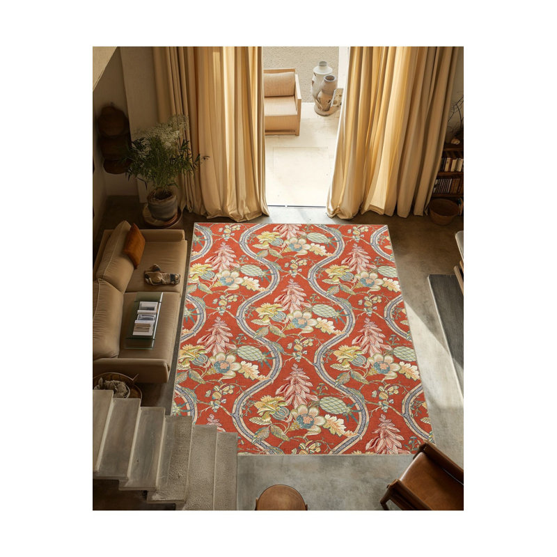Red Themed Patterned Ethnic Floral Vintage Decorative Rug Machine Washable, Runner 3'3" x 6'7" 