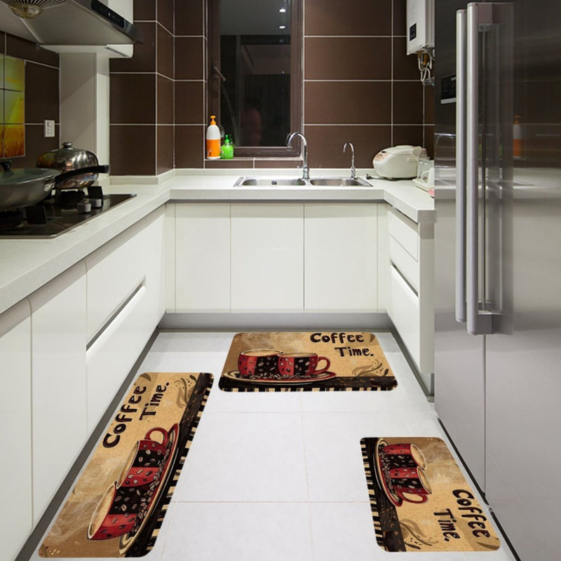 Beige Coffee Cup Kitchen Rug 3 Pc Set for Kitchen & Coffee Bar