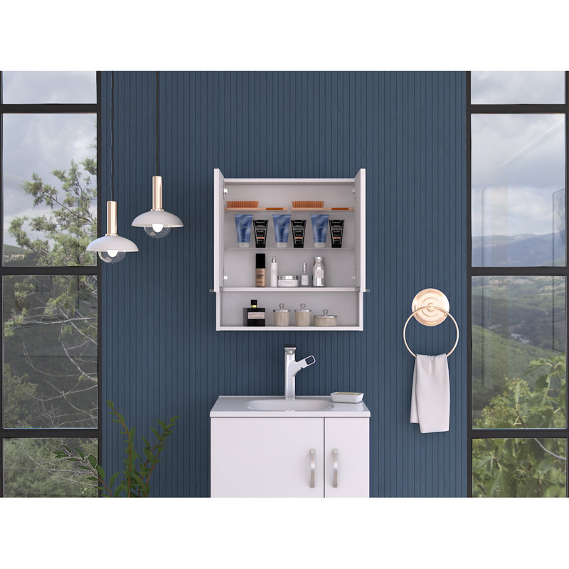 Jaspe Mirror Cabinet, Three Internal Shelves, One Open Shelf, Double Door Cabinet, White