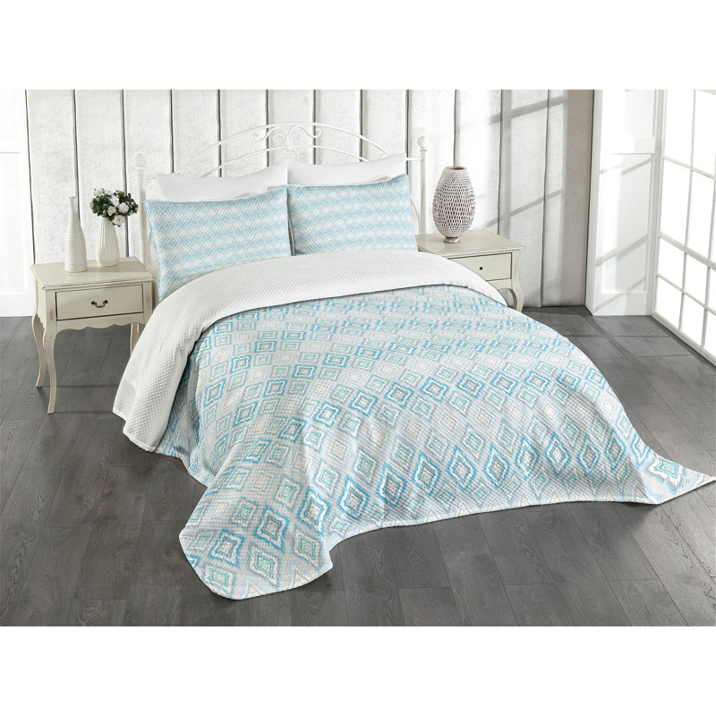 White and Sky Blue Quilted King Bedspread Set