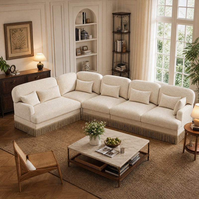Grand canapé d'angle modulaire avec pompons, canapé 5 places, grand canapé d'angle confortable en chenille léopard, 129" W
