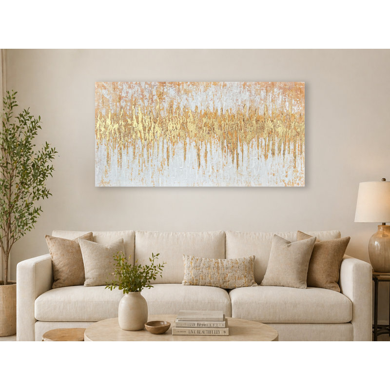 Toile abstraite texturée dorée, texture faite à la main et effet feuille, décor horizontal neutre, L 55 po x H 27,5 po