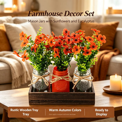 Farmhouse Decor Tray Set with Mason Jars and Faux Florals (autumn orange)