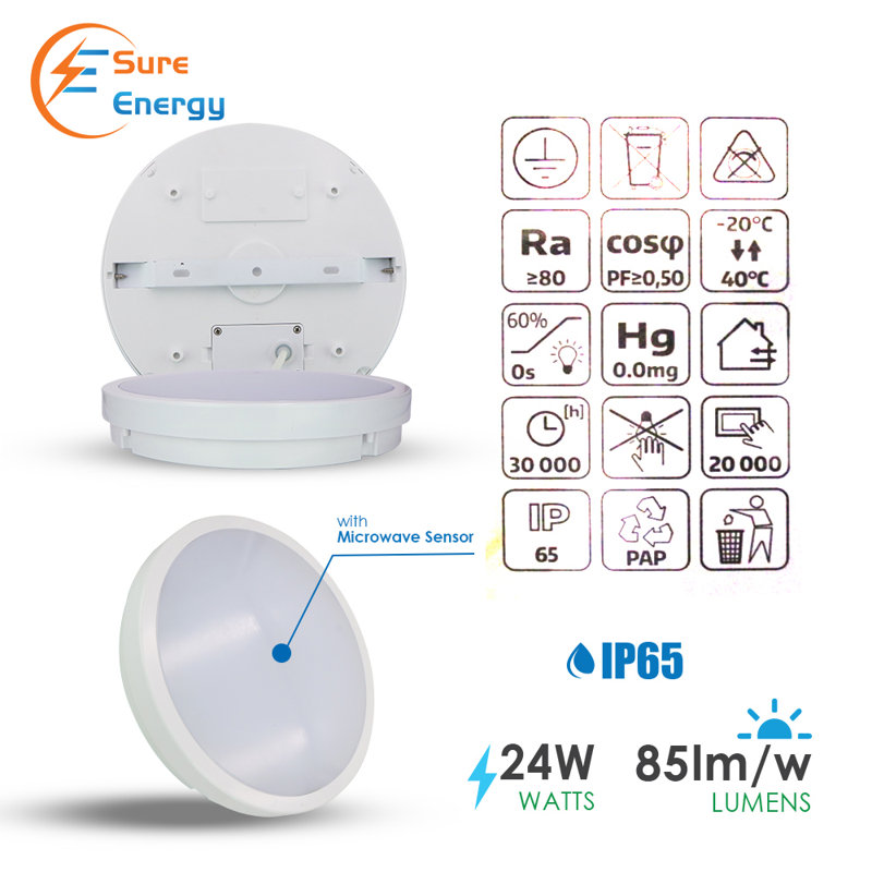 24W Round LED Ceiling Bulkhead Light with Motion Sensor IP54 4000K