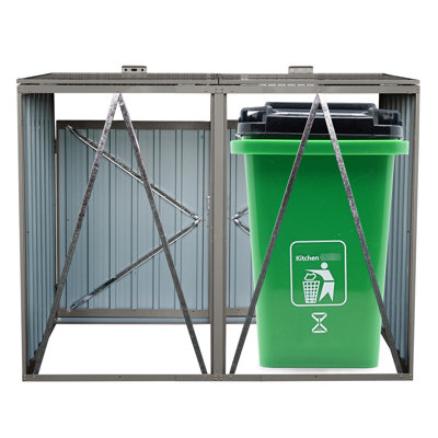 Metal Garbage Storage Bin Shed - Grey Holds 2 Trash Cans Galvanized Steel, , Rot-, Easy To Assemble Ventilated With Lifting Lid
