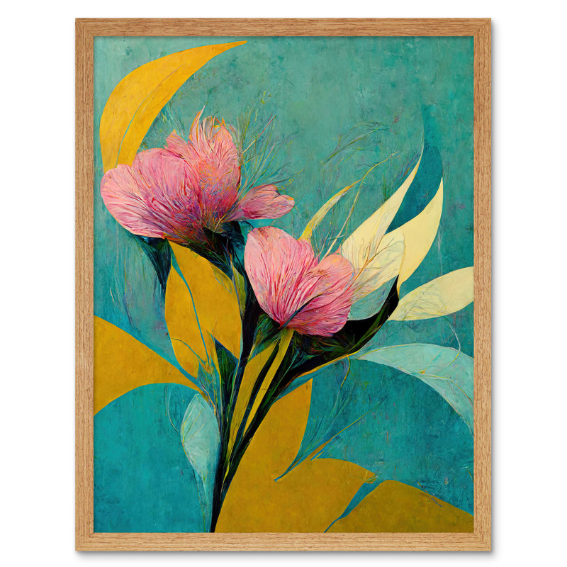 Abstract Floral Teal Pink Mustard Flower - Print, Light Brown Framed Unframed, 43cm H x 33cm W x 2cm D