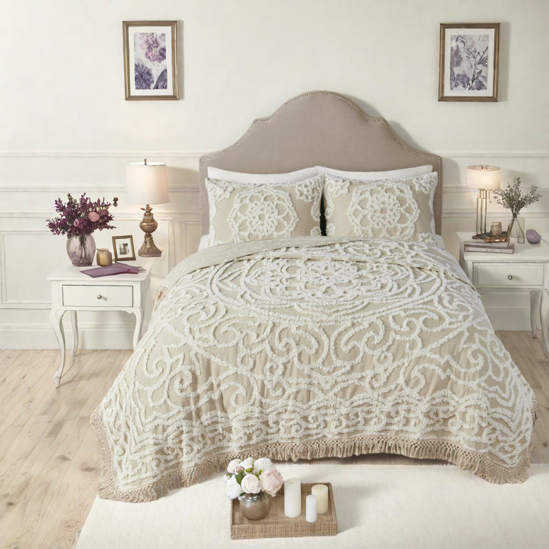 Ensemble de literie en chenille de coton taupe avec frange pour toutes les saisons