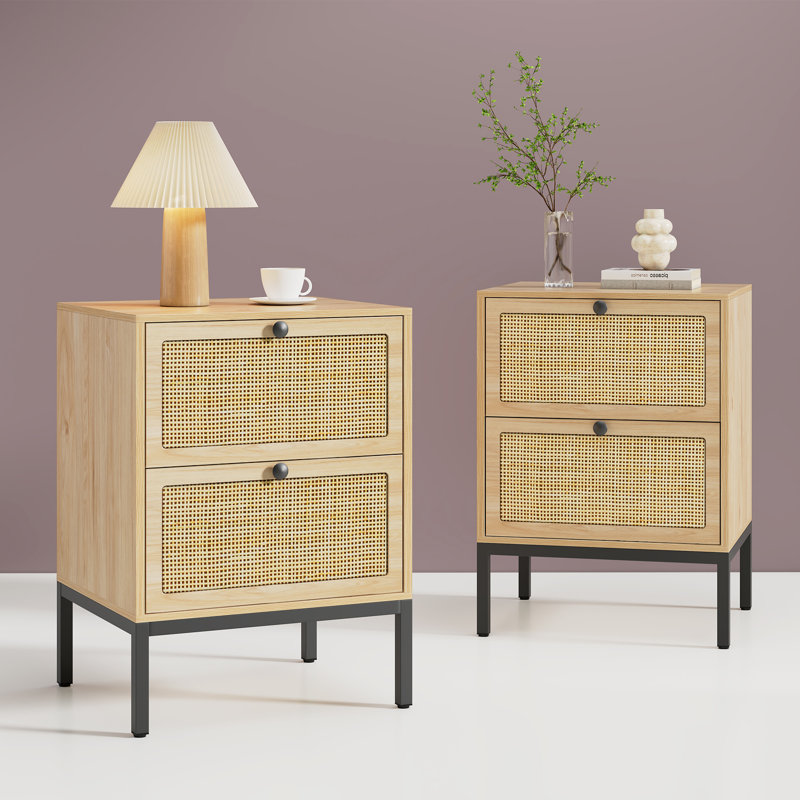 Boho Natural Rattan Bedroom Set, Très grand lit, Trois pièces : lit, 2 tables de chevet