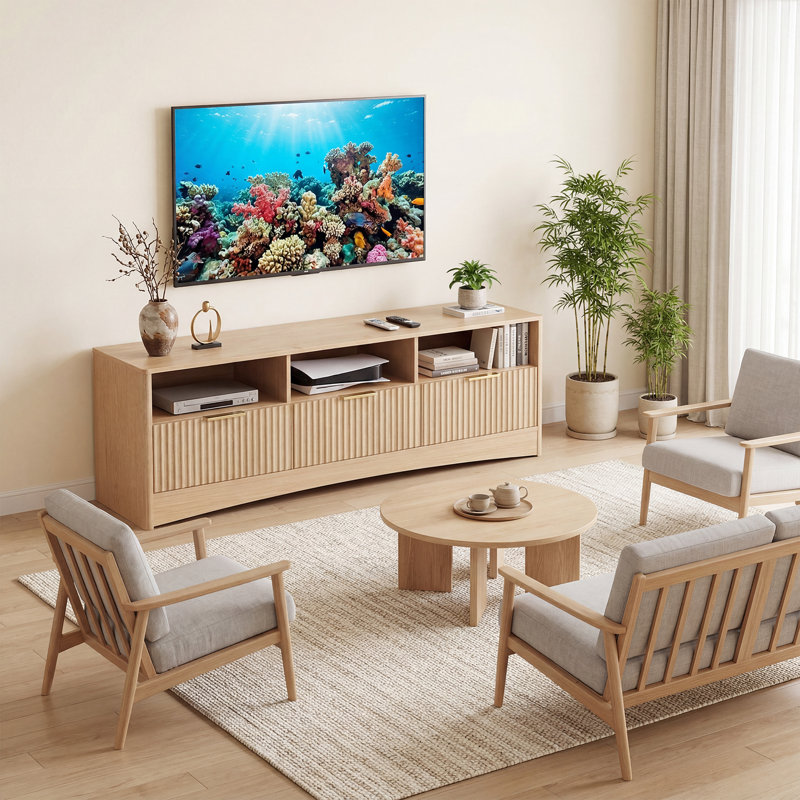 59" Wide TV Stand for TVs Up to 65", Modern Fluted Wood Entertainment Center with 3 Drawers & Open Shelves, Media Console for Living Room or Bedroom