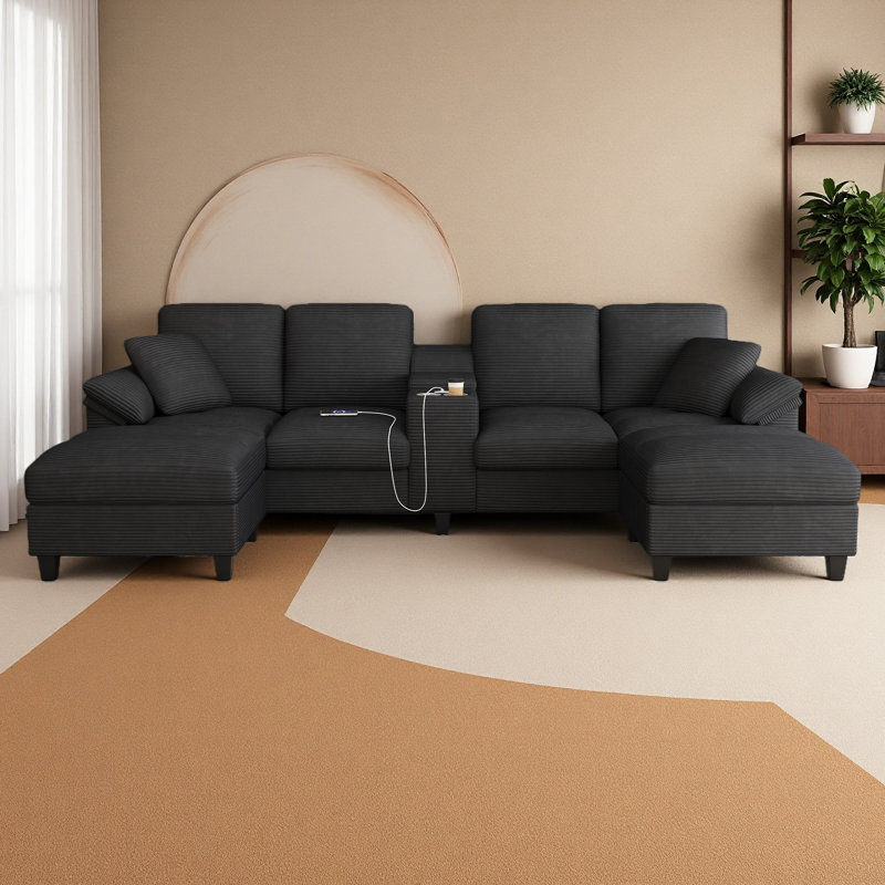 Canapé modulaire rembourré en velours côtelé de 116,9 po Modern, Velours côtelé noir