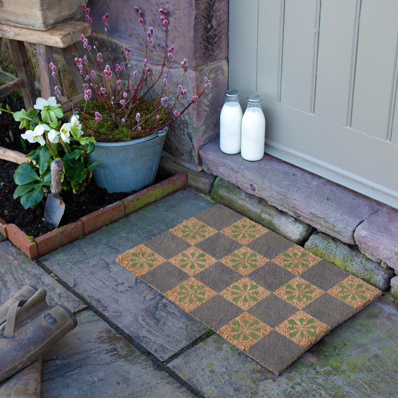 Petal Checkerboard Coir Doormat, 60cm W x 90cm L, Blue/Yellow