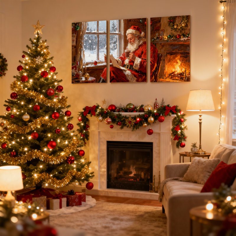 Ensemble de 3 reproductions d'art sur toile, "Christmas Santa Reading By Fireplace Winter Scene", H 24 po x l 48 po