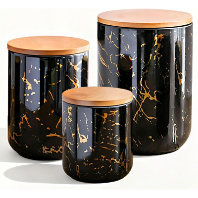 Ensemble de 3 pots en céramique de marbre noir avec couvercle en bois