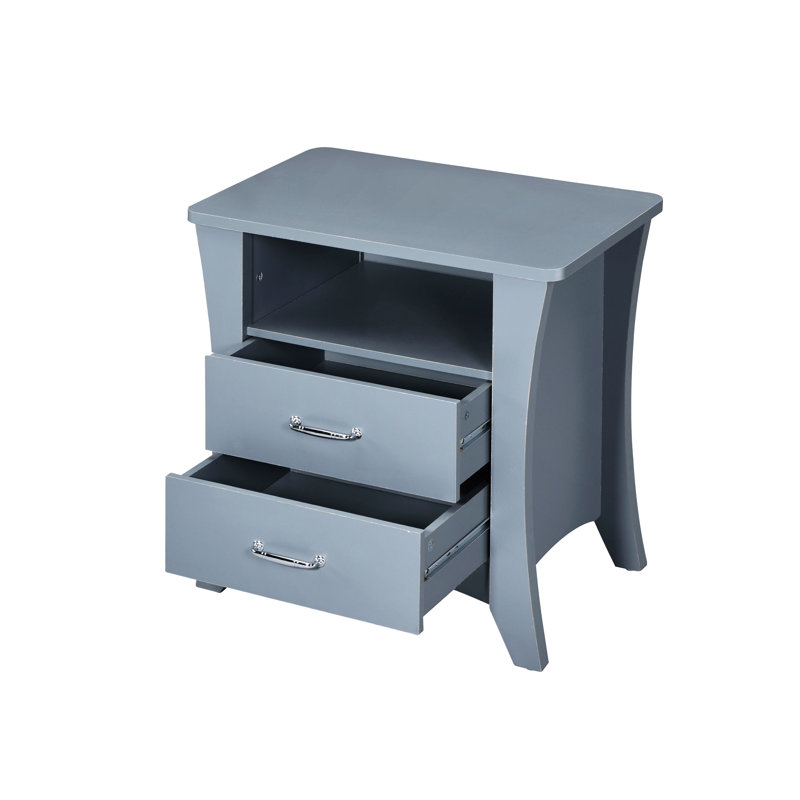Table de chevet rectangulaire grise avec 2 tiroirs coulissants en métal et un compartiment de rangement ouvert pour la décoration de bureau dans la chambre