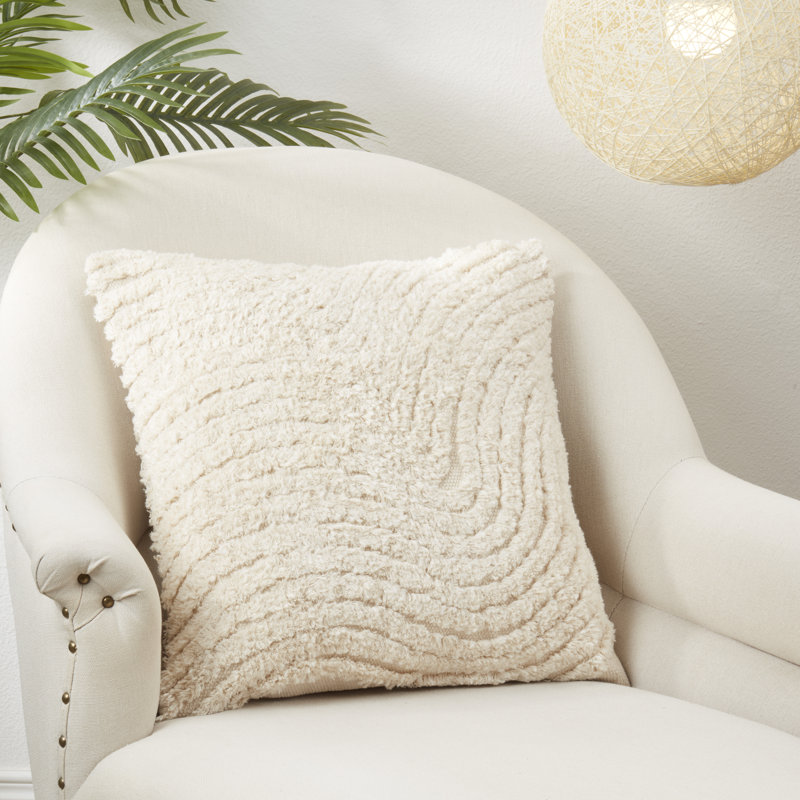 Beige Cotton Tufted 20" Square Throw Pillow with Duck Feather Fill