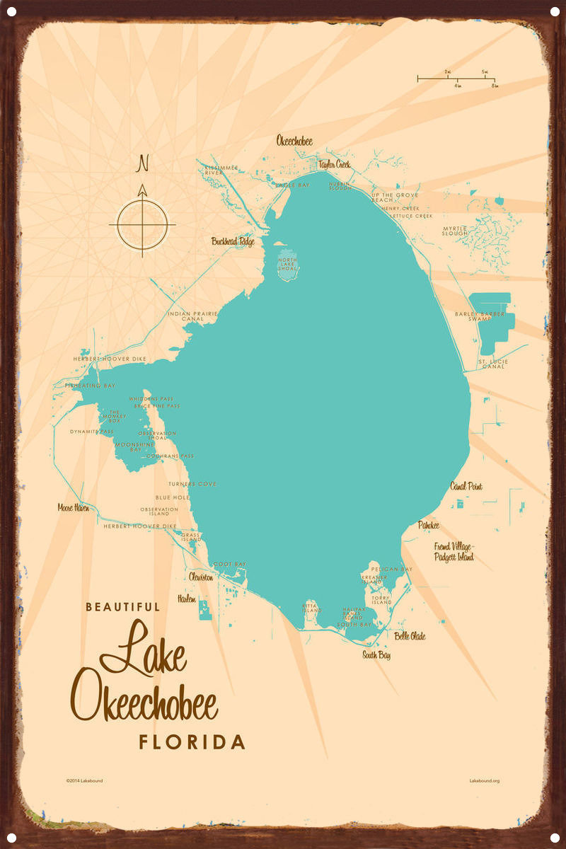 Breakwater Bay Lake Okeechobee - Lake Okeechobee Florida Map Rustic Metal Art Print By Lakebound 