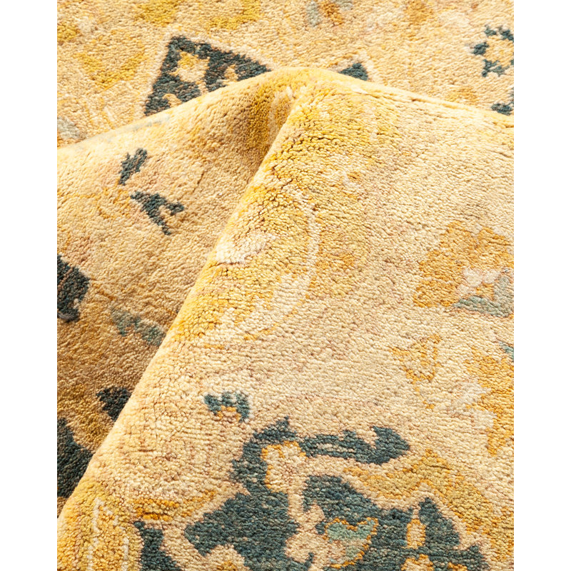 Tapis ivoire traditionnel noué à la main de conception unique 8 pi 1 po x 9 pi 10 po Keller
