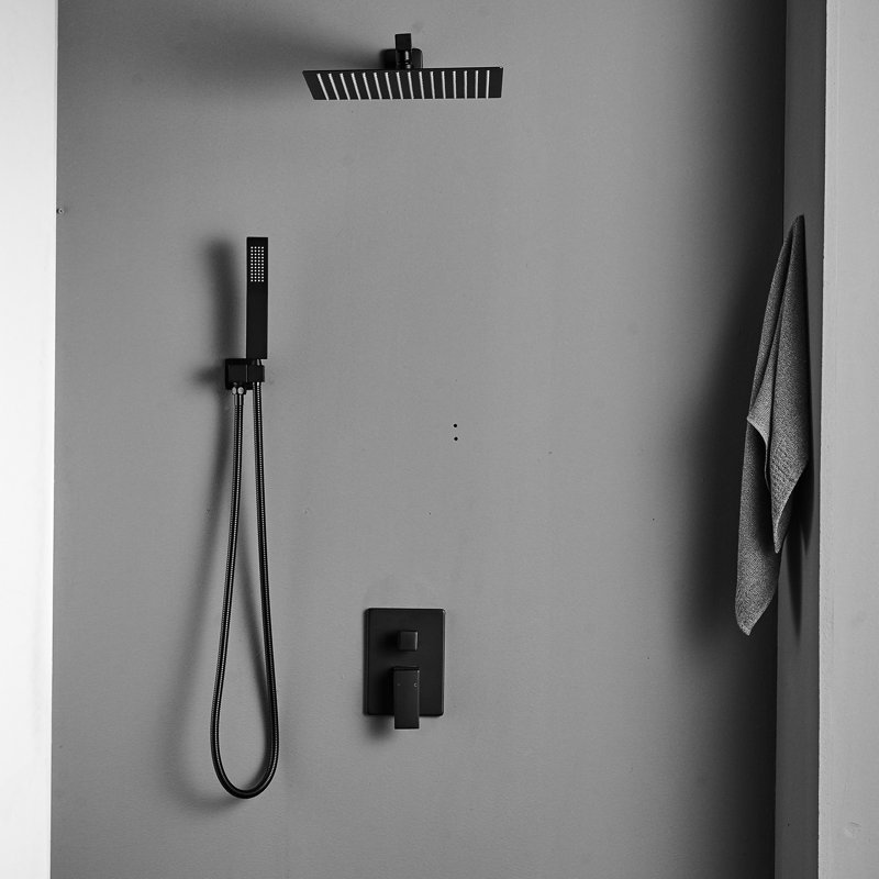 Robinet de salle de bain luxueux - Douche à effet de pluie murale avec forme géométrique noire, tête de lit contemporaine polie, finition