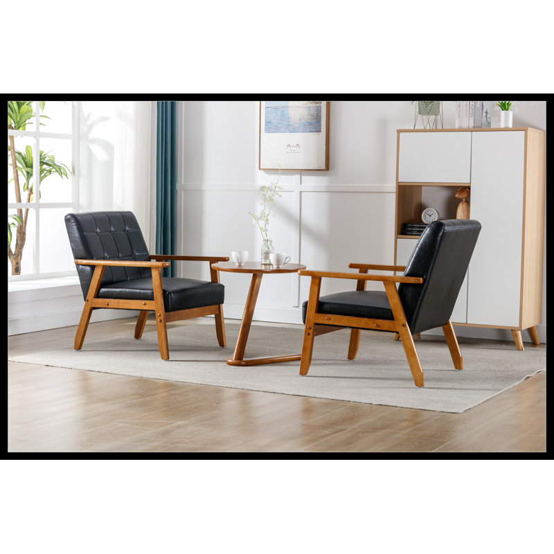 Accent Chairs Set of 2 with Side Table, Wood and Fabric Armchairs Side Chair, Black Faux Leather