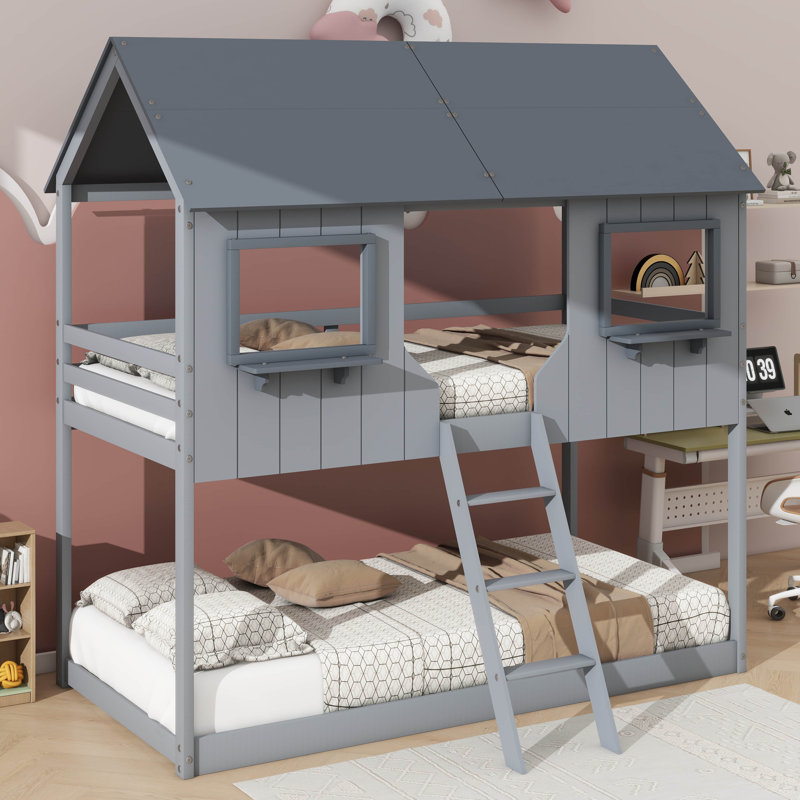 Lit superposé simple au-dessus de simple en bois avec fenêtres et rails de protection, Grey