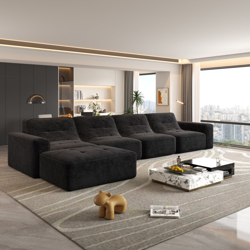 Ensemble de canapé modulaire moderne en chenille de 143,7 po - Canapé modulaire capitonné avec repose-pieds, méridienne et chaise d'appoint, siège profond, sans assemblage