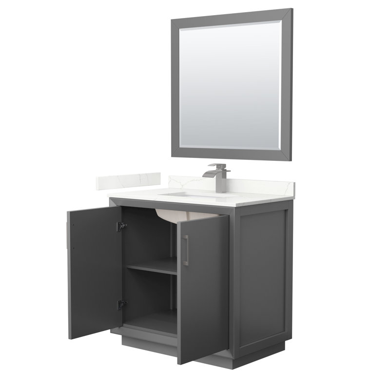 Meuble-lavabo sur pied simple 36 po avec plateau en quartz Strada, Gris foncé, Quartz Giotto, Nickel brossé