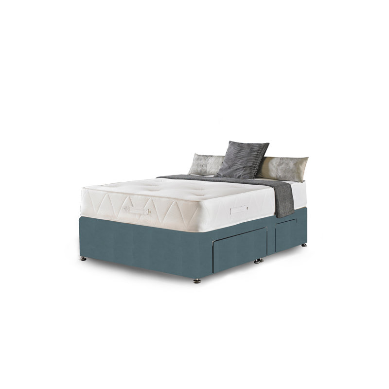 Asia Upholstered Divan Bed with Mattress, Sky Plush Velvet, 2 Drawers, Kingsize