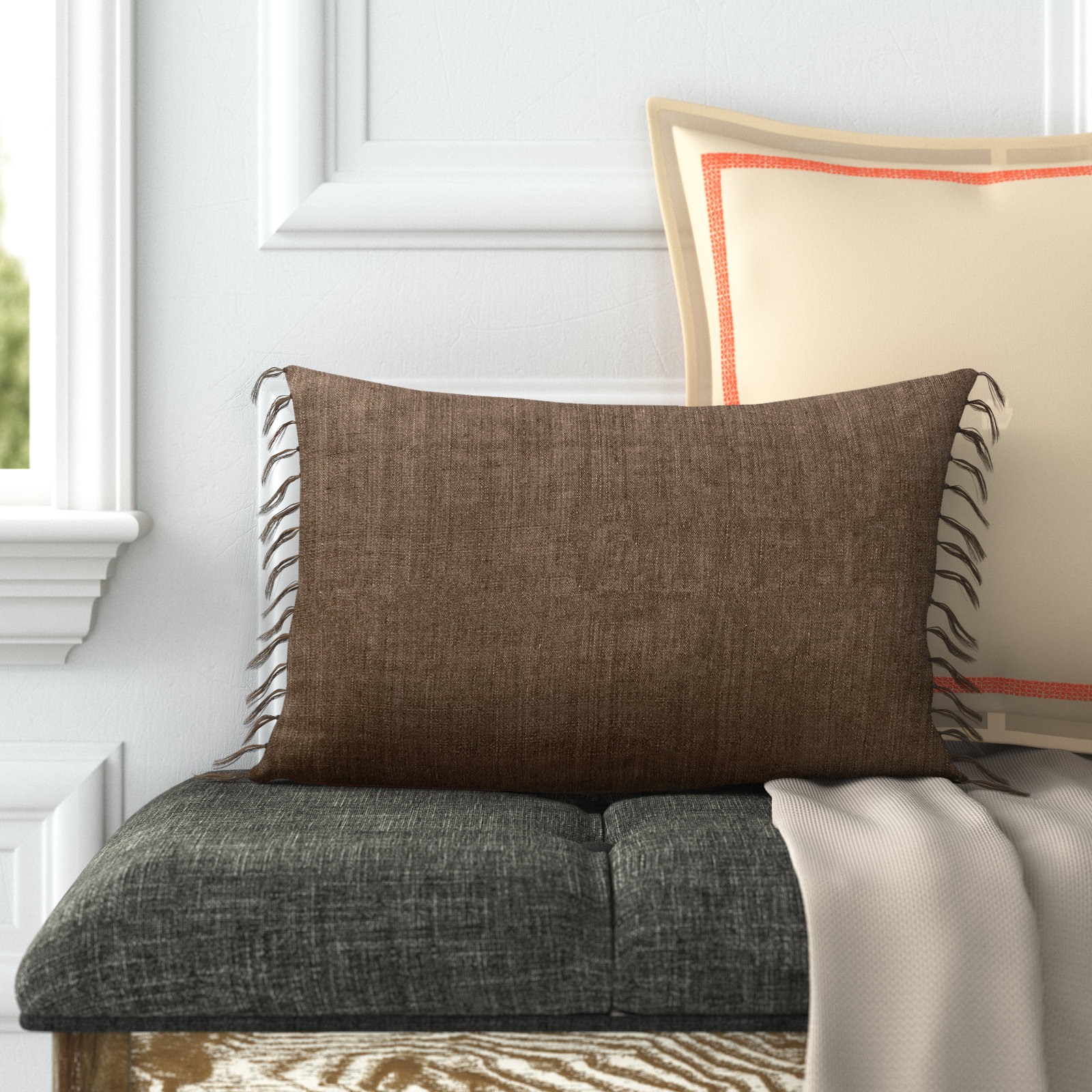 Sharron Tassels Linen Lumbar Throw Pillow, Brown, Polyester/Polyfill