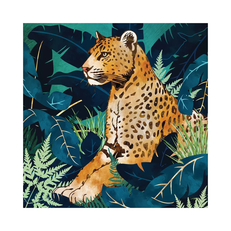 Léopard et indigo botanique, reproduction d'art sur toile tendue, 26" x 26", Gallery Wrapped Canvas, No Frame