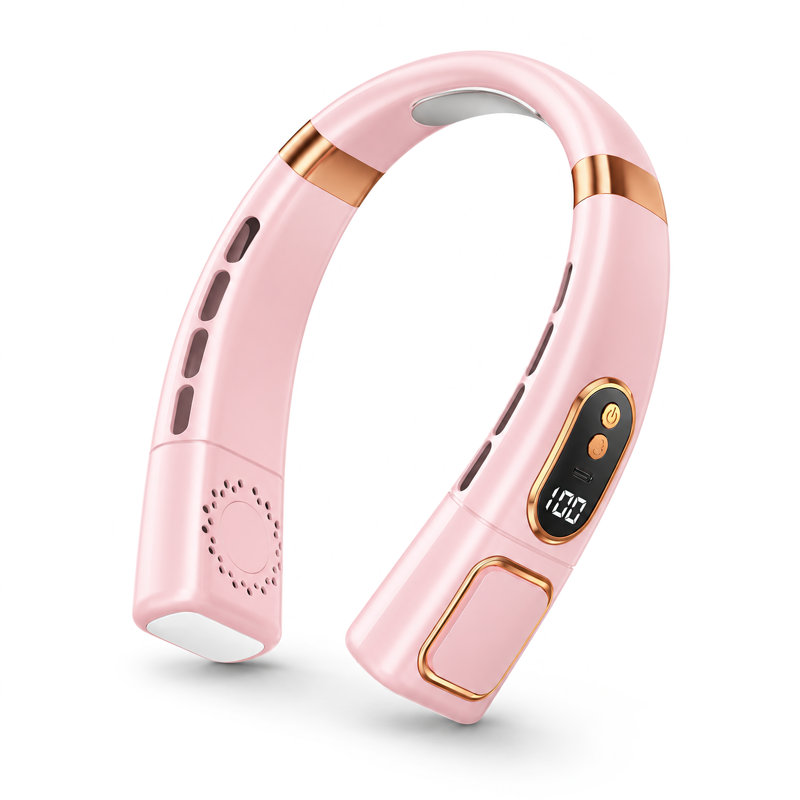 Ventilateur de cou rechargeable avec affichage DEL et plaque de refroidissement, 5 vitesses, débit d'air de 360 °, Pink