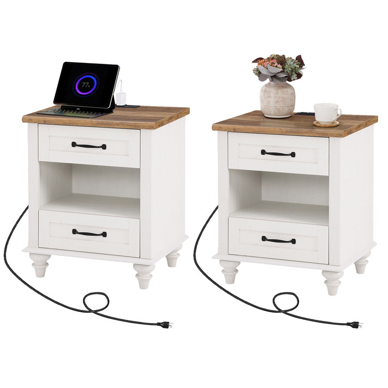 Table de chevet 2 tiroirs Scarlett, Blanc / Brun, Ensemble de 2