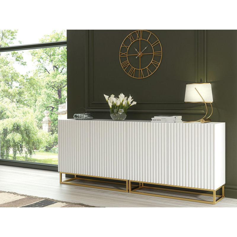 Modern Sideboard with Fluted Fronts & Gold Legs – 200cm Storage Cabinet, White