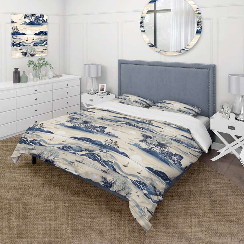 Ensemble de housse de couette Coastal Landscape Minimal In Blue I, Housse de couette pour grand lit et 2 taies décor