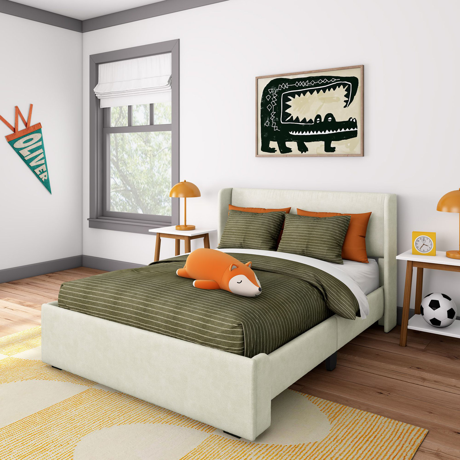 Solid Wood Upholstered Panel Bed, Cream, Full