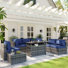 Caradog Wicker 6 - Person Patio Conversation Sets with Cushions, Coffee Table and 44" Fire Pit Table