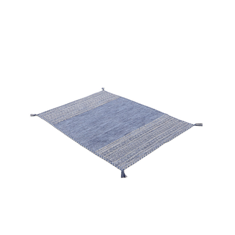 Azizi Striped Hand Woven Cotton Blue Rug, Rectangle 120 x 170cm