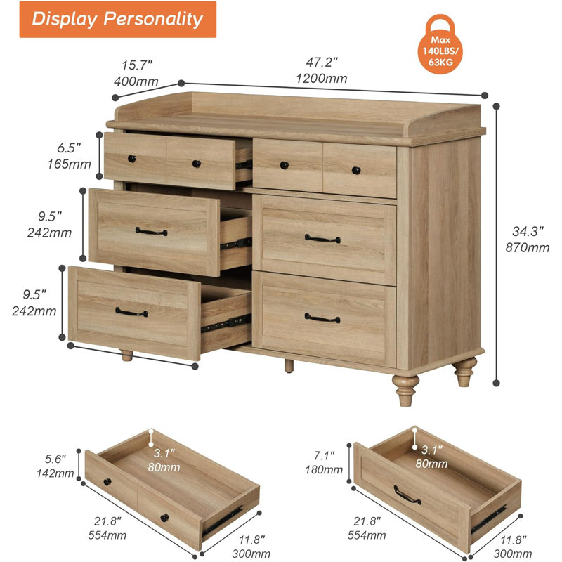 Commode pour chambre à coucher avec 6 tiroirs, commodes pour enfants avec une large commode pour chambre de bébé, salon, chambre d'enfant