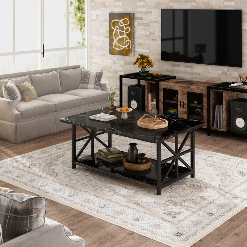 Table basse rectangulaire en faux marbre avec structure en métal noir, table basse à 2 niveaux avec tablette de rangement, table centrale rectangulaire pour le salon, style moderne, bureau, balcon
