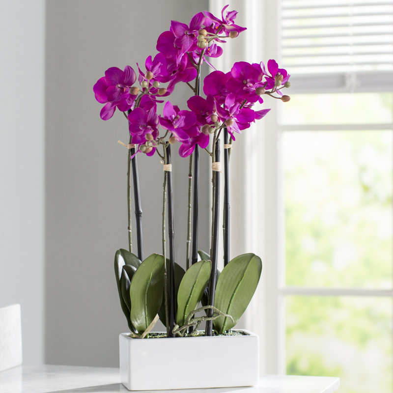 21" Purple Faux Orchid in White Ceramic Pot
