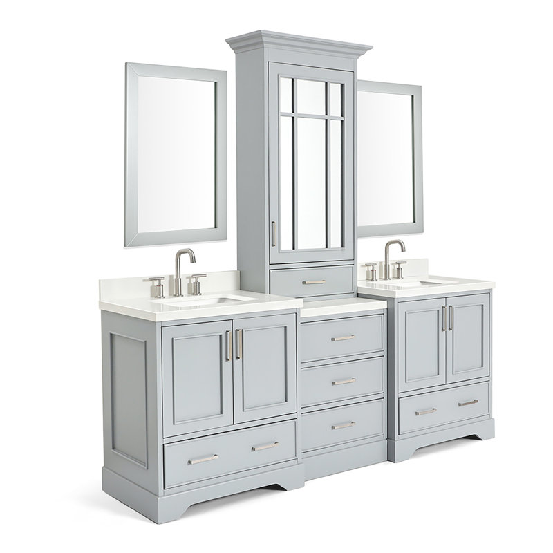 85'' Double Bathroom Vanity with White Quartz Top, Gray