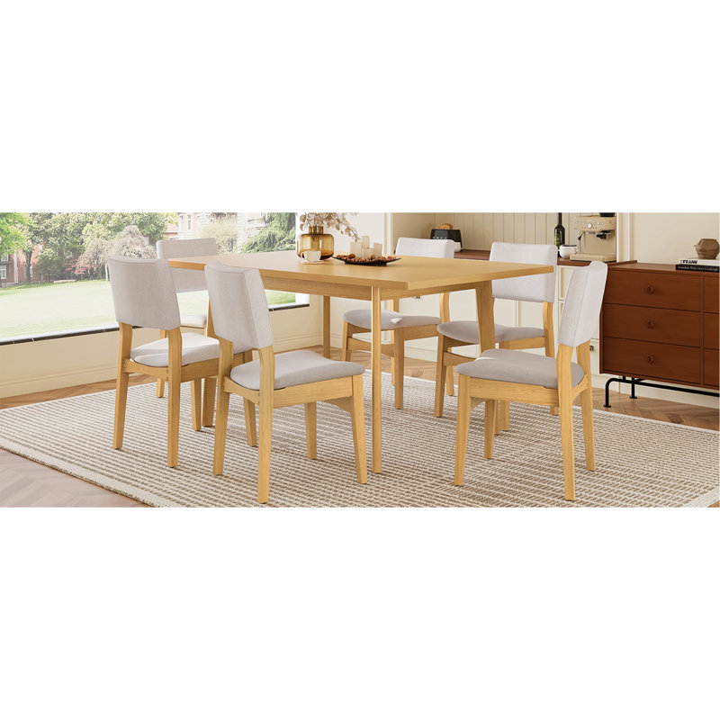 7-Piece Modern Dining Set - Rectangular Solid Wood Table & Upholstered Linen Chairs, Walnut Finish With Beige Fabric For Kitchen/Dining Room