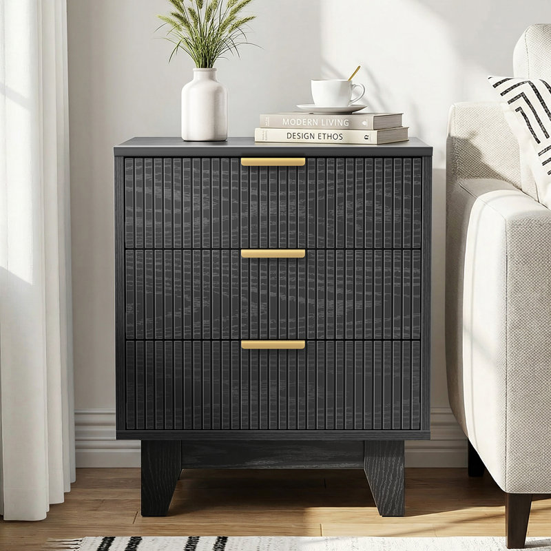 Candelario Oak Nightstand With 3 Drawers Bedside Table For Apt, Black