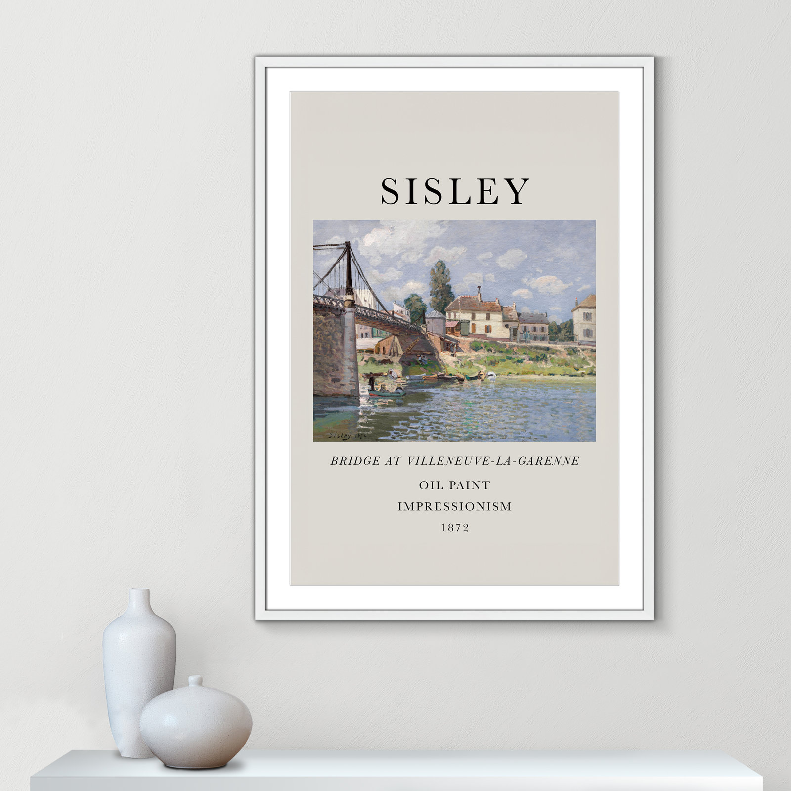 Old Masters Collection " The Bridge At Villeneuve " by Alfred Sisley, Yes, White Single Picture Frame