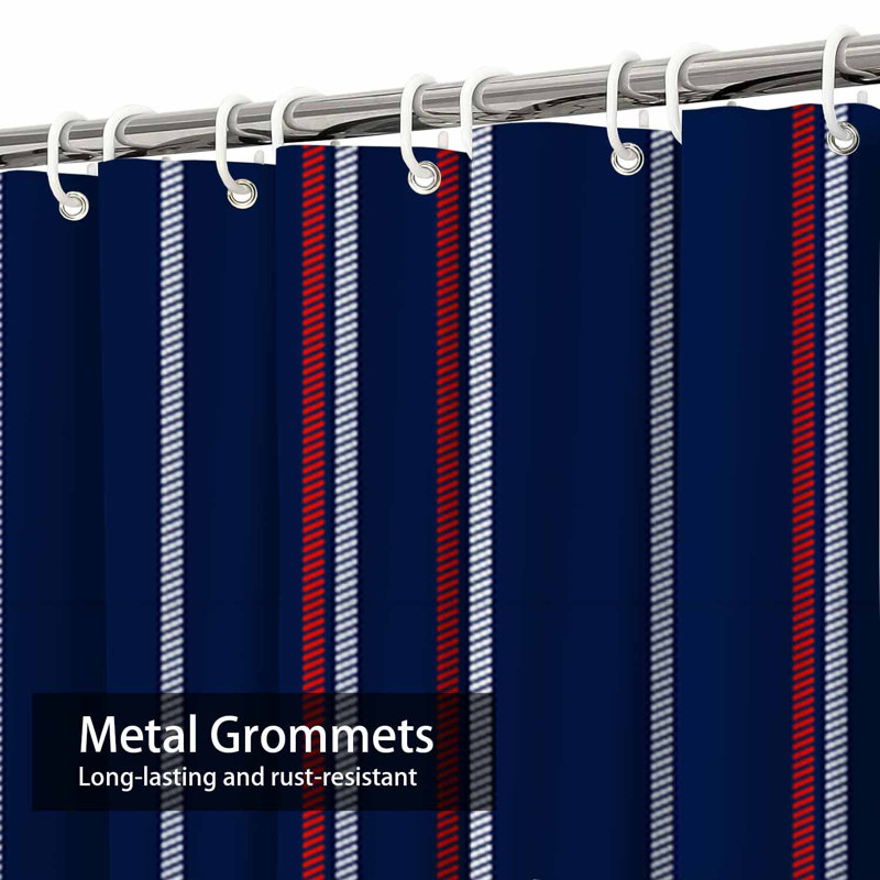 Rideau de douche rayé bleu rouge, blanc et bleu marine avec 12 crochets, L 72 po x l 78 po