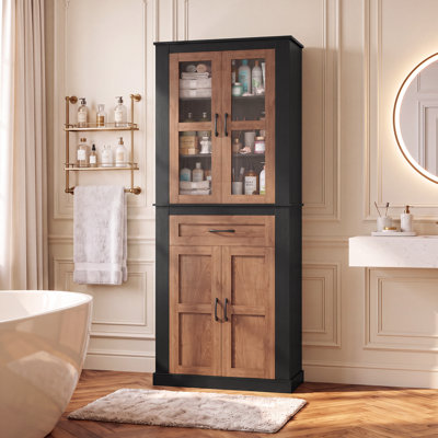 70.9'' Tall Freestanding Bathroom Linen Storage Cabinet with Drawer, Glass Doors and Adjustable Shelves for Bathroom Organization