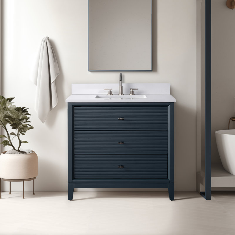 36" Single Bathroom Vanity with Engineered Marble Top, Vintage Spruce Blue, Ariston White, Brushed Nickel