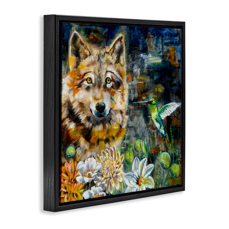 «Beautiful Wolf & Hummingbird Floater», art mural par Linda McClure, H 25 po x l 25 po, Cadre flottant noir de jais
