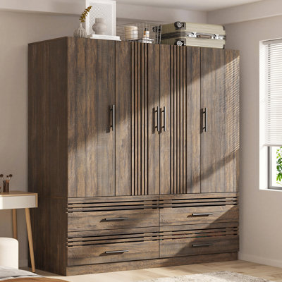 Armoire Wardrobe Closet With 4 Doors And Drawers, Hanging Rod, Shelves